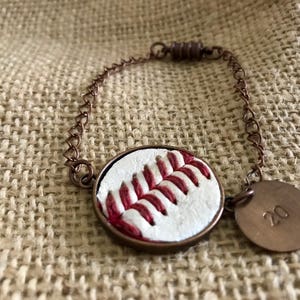 Antique copper bracelet with real baseball and personalized tag