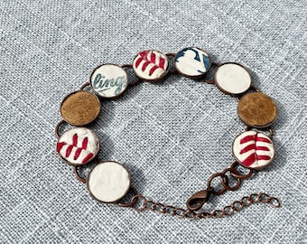 Real baseball leather and glove leather antique copper bracelet