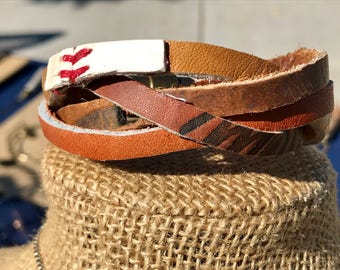 Four strand glove leather cuff bracelet with strip if baseball stitches