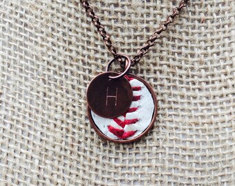 Antique copper pendant with real use baseball inside with matching hand stamped initial charm