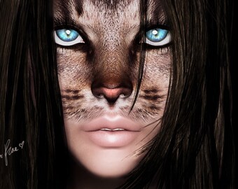 Fantasy Art, Cat Art, Feline Art, Cat Eyes, Tabby Cat, Kitten, Blue Eyes, Whiskers, Animal Art, Animal Totem - "Felidae" by Summer Rae