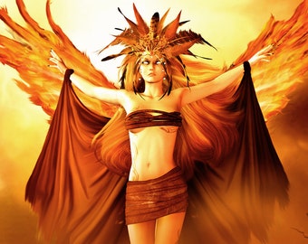 Phoenix Art, Valkyrie Art, Fantasy Art, Inspirational Art, Pagan Art, Gothic Art, Fire, Goddess Art, Warrior Art - "Rising" by Summer Rae