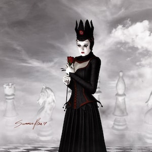 Chess Art, Surreal Art, Black And White, Fantasy Art, Chess Pieces, Chessboard, Red Rose, Queen Of Hearts - &quot;Eternal Majesty&quot; by Summer Rae