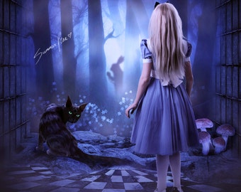 Alice In Wonderland, Cheshire Cat, White Rabbit, Fan Art, Fantasy Art, Literature Art, Blue Wall Decor - &quot;Curiosity&quot; by Summer Rae