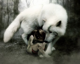 Wolf Art, Spirit Animal, Animal Totem, Wildlife Print, White Wolf, Little Girl, Forest Home Decor, Spirit Guide - &quot;Guardian&quot; by Summer Rae