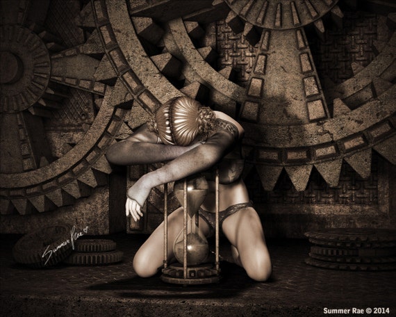 Gothic Art, Steampunk Art, Emotional Art, Grunge Art, Monochrome, Hourglass, Clock, Gears, Conceptual Art - "Running Out" by Summer Rae
