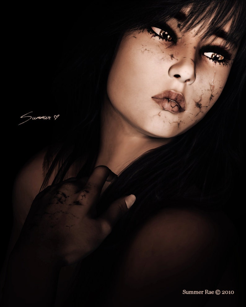May include: A close-up portrait of a woman with long dark hair. Her face is partially obscured by her hair, but her eyes are visible and have a golden color. The woman's skin appears to be cracked and weathered. The text "Summer ♡" is written in the lower left corner of the image.