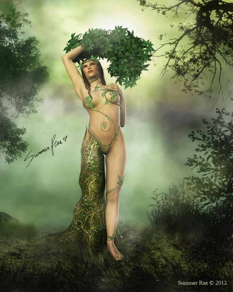May include: A woman with green vines growing around her body stands in a misty forest. She is wearing a leafy crown and has a natural, earthy look. The image is titled "Summer Rae" with a heart symbol.