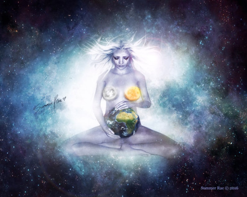 May include: A woman with long white hair sits in a meditative pose, holding a globe in her hands. The globe is surrounded by a bright light, and the woman's eyes are closed. The background is a dark blue and purple nebula with stars.