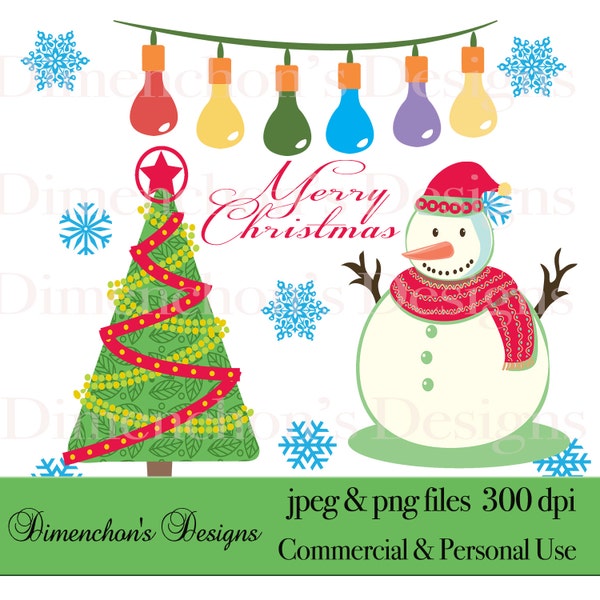 Christmas Clipart Pack (Christmas Tree, Snowman, Snowflakes, Merry Christmas Wording & Christmas Lights)