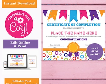 Kid's Cancer Certificate- DIY, Editable, Download & Print