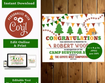 Certificado de premio Camp Survivor: bricolaje, editable, descarga e impresión