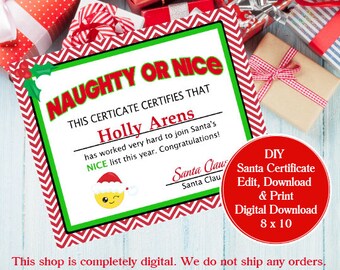 Christmas: Naughty or Nice Santa's Certificate or Note (8 x 10 - Digital - No Physical Item will be Shipped)