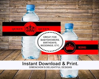 Etiquetas de botellas de agua King and Queen (descarga instantánea)
