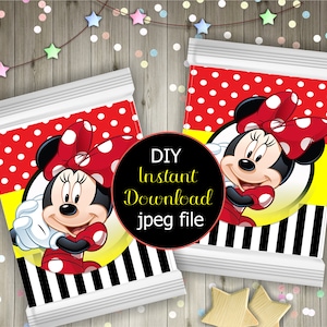 May include: Printable Minnie Mouse party favour bag design. The bag features a red and white polka dot pattern, a yellow and black striped pattern, and a cartoon image of Minnie Mouse. The text "DIY Instant Download jpeg file" is included on the bag.