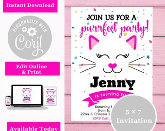 Invitación de cumpleaños Purrfect Fiesta - DIY, editable, Descargar & Imprimir