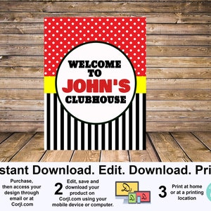 Könnte beinhalten: Ein Willkommensschild mit dem Text "WELCOME TO JOHN'S CLUBHOUSE" in einem kreisförmigen Design. Der obere Teil hat ein rotes Polka-Dot-Muster, einen gelben Streifen und einen schwarz-weiß gestreiften Boden. Anweisungen zum sofortigen Herunterladen, Bearbeiten und Drucken sind enthalten.