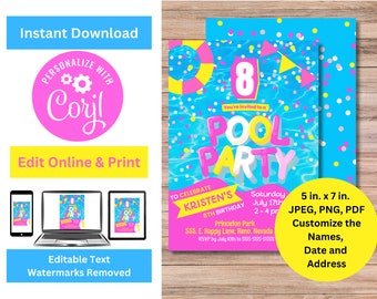 Pool Party verjaardagsuitnodiging (leeftijd 8) - DIY, bewerkbaar, downloaden & printen