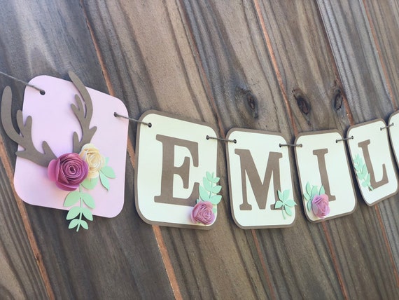 Woodland Name banner; Woodland baby shower; Rustic baby shower; Baby Girl woodland theme; Floral Banner; Boho Banner; Antler Banner Il_570xn