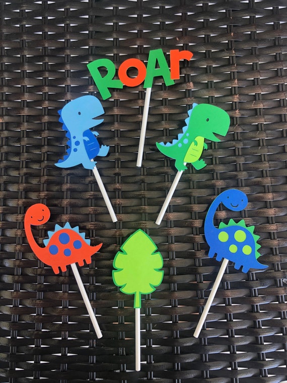 Dinosaur Cupcake Toppers; Dinosaur BIrthday Party; Dinosaur Cake Decoration; Dinosaur Theme; Orange Dinosaur; ROAR Cake Topper; Dino Party Il_570xn