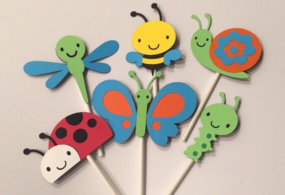 Bugs Cupcake Toppers Set of 12 Bug/'s Life Baby Shower Paper Ladybug Butterfly Worm Snail Bee Cupcake Topper Woodland Forest Cupcake Topper