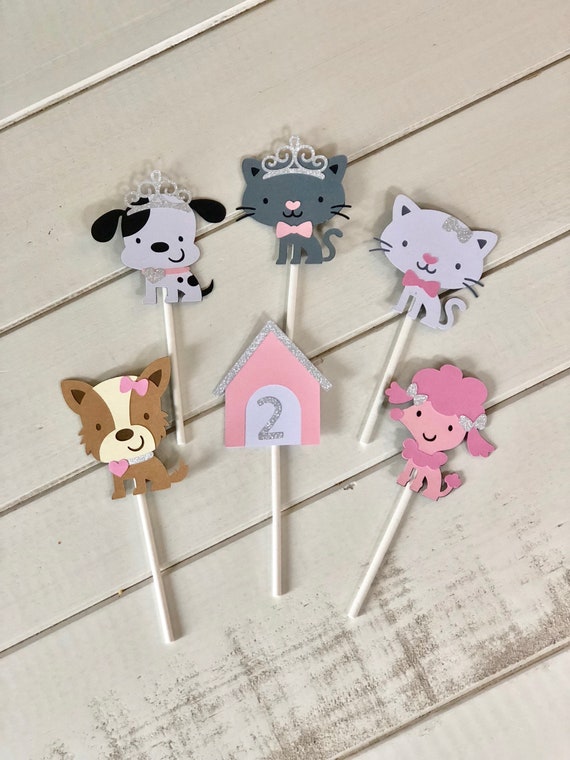 24 Girl puppy and kitten Themed Cupcake Toppers; Pink puppy party; Princess puppy party; Puppy cupcake toppers; Puppy party Il_570xn