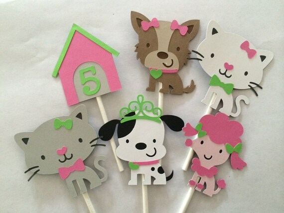 12 Girl puppy and kitten Themed Cupcake Toppers Il_570xn