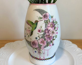 Hummingbird Moon Flower, Hummingbird and Flowers, Hummingbird Vase Decor, Hummingbird Gifts, Gifts Under 45, Decoupaged Vase Decor