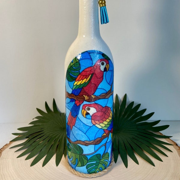 Parrot Decor, Parrot Vase, Tropical Bottle Decor, Tropical Vase, Decoupaged Bottle, Parrot Lover Gift, Beach House Decor, Gifts Under 35