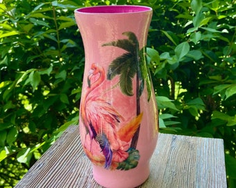 Flamingo Vase, Pink Flamingo, Tropical Vase Decor, Flamingo Gifts, Gifts Under 30, Flamingo Decor, Decoupaged Vase, Flamingo With Flowers