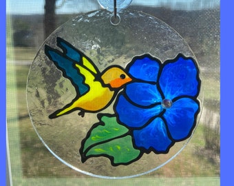 Hummingbird Suncatcher For Window, FAUX Stain Glass, Stained Glass Hummingbird, Hummingbird Gifts, Round Suncatcher, Gifts Under 20