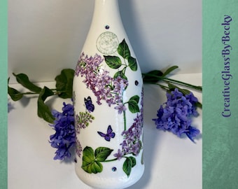 Purple Lilac Flower Bottle, Unique Lilac Gifts, Hummers and Butterflies, Decoupaged Lilac Bottle, Gifts Under 50, Elegant Lilacs Decor