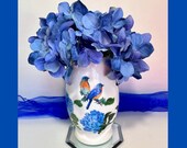 Bluebird and Flowers Vase, Blue Bird Gifts, Decoupaged Vases, Blue Bird Vase, Hydrangea and Birds, Hydrangea Gifts, Gifts Under 45