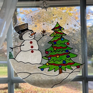 Snowman Suncatcher, Christmas Snow Globe, Snowman Stain Glass, Snowman Christmas Tree, Faux Stained Glass, Christmas Tree Suncatcher