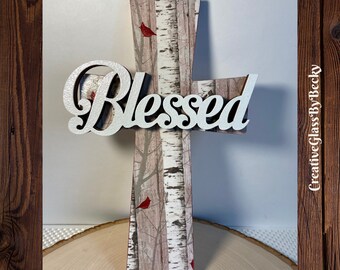 Blessed Wood Cross, Birch Tree And Cardinals, Wooden Crosses Wall Decor, Christian Cross Decor, Wooden Cross Gift, Christian Gifts, Blessed