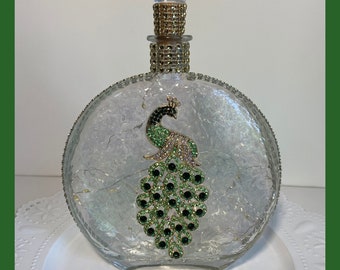 May Birthstone, August Birthday Gifts, Green Rhinestone Peacock, Faux Stained Glass Bottle, Peacock Light, Peacock Decorative Bottle