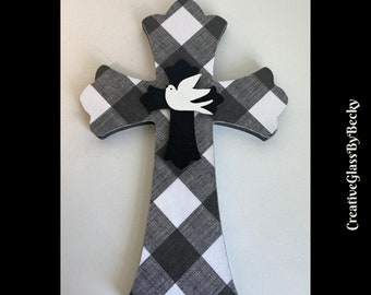 Black And White Cross, Checkered Wall Cross, Cross With Dove, Christian Cross Decor, Wooden Wall Cross, Gifts Under 35, Christian Gifts
