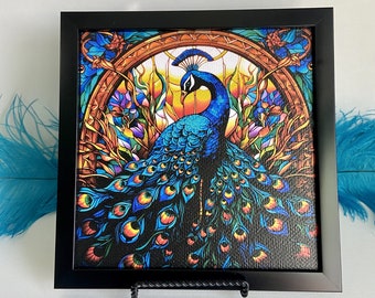 Peacock Framed Wall Art, Peacock Gifts, Stained Glass Peacock, Peacock On Canvas,  Gifts Under 25, Peacock Stain Glass, Colorful Peacock