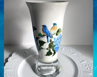 Bluebird and Flowers Vase, Blue Bird Gifts, Decoupaged Vases, Blue Bird Vase, Hydrangea and Birds, Hydrangea Gifts, Gifts Under 50