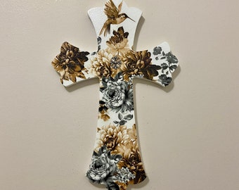 Hummingbird Cross, Decoupaged Crosses, Gardenia Flower Decor, Wood Wall Cross, Unique Cross Wall Decor, Gifts Under 40, Hummingbird Gifts