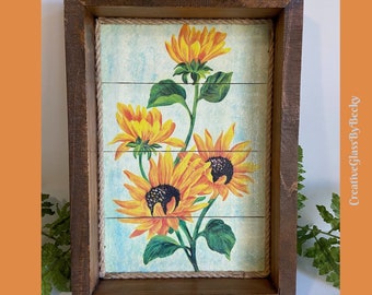 Sunflower Decoupage Wooden Tray: Rustic Fall Decor with Metal Handles