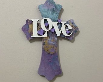 Love Cross, Wooden Cross Wall Decor, Christian Cross Decor, Purple Geode Cross, Christian Gifts, Small Cross, Purple Wall Cross