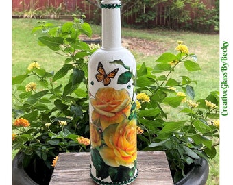 Roses And Butterflies, Yellow Roses Bottle Decor, Hummingbird and Rose, Decoupage Bottle, Gifts Under 50, Elegant Bottle Decor, Bling Bottle