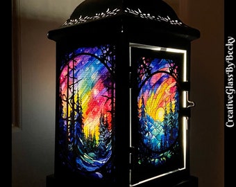 Aurora Borealis Lantern, Faux Stained Glass Lantern, Lantern Lights, Northern Lights Gifts, Gifts Under 50, Aurora Borealis Decor