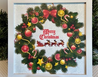 Holiday Wreath Framed Art, Merry Christmas Wreath, Christmas Wreath Decorations, Christmas Framed Sign, Santa Sleigh and Reindeer