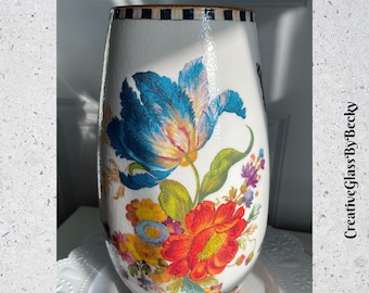 Whimsical Vase, Decoupaged Glass Vase, MC Inspired, Large Vase, Colorful Flowers and Butterflies, Unique Vases, Black and White Checkered
