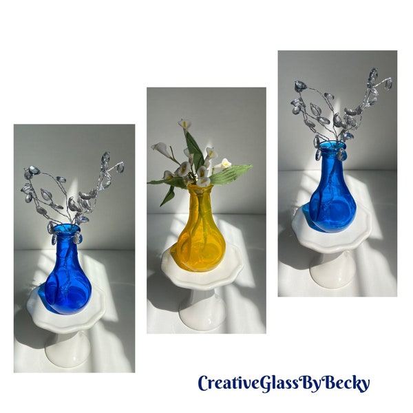 Colored Glass Bud Vases, Hand Painted Bud Vase, Yellow Bud Vases, Table Top Decor, Windowsill Decor, Set Of 3 Vases, Blue Bud Vases