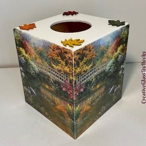 Fall Tissue Box Cover, Decoupaged Tissue Box, Tissue Box Cover Wood, Autumn Trees Decor, Fall Scenic Decor, Gifts Under 40