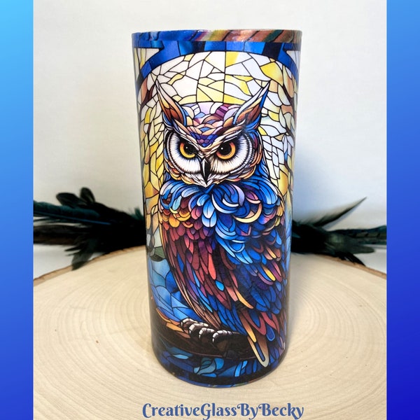 Owl Vase, Owl Night Light, Stained Glass Owl, Owl Lover Gifts, Gifts Under 35, Colorful Owl, Decoupaged Vase, Unique Owl Gifts, Owl Light