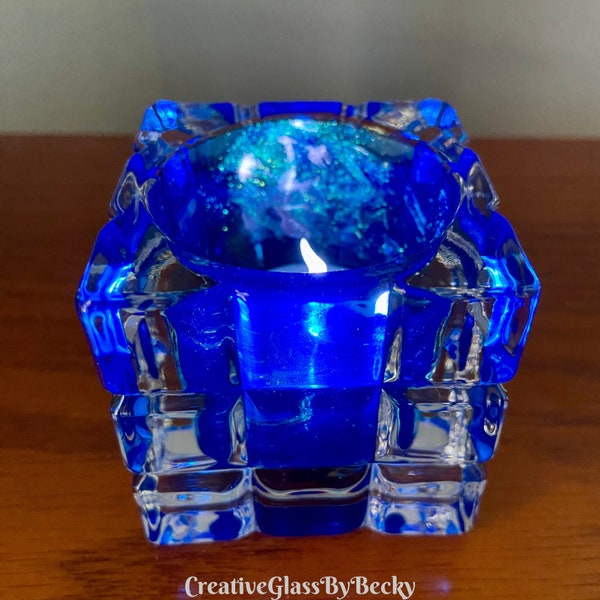 Cube Glass Votive Holder, Blue Candle Holder, Unique Glass Cube Votive Holder, Faux  Stained Glass, Gifts Under 20, Glass Candle Holder